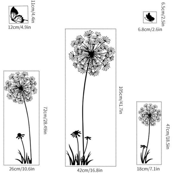 2 Set Dandelion Wall Decals, Flower Stickers,Murals With Butterflies for Bedroom - Picture 2 of 8